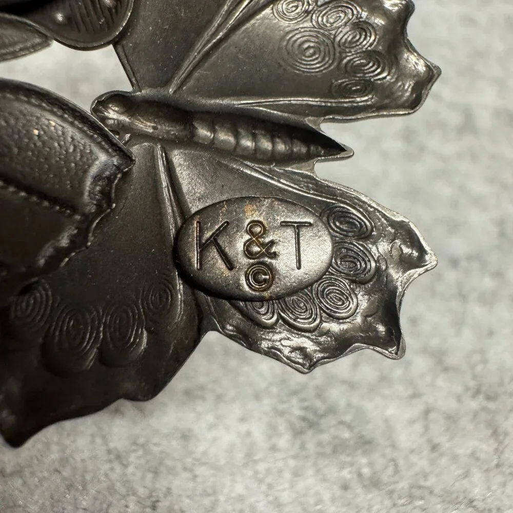 Vintage K&T Butterfly Trio Brooch Bronze/Gold/Silver Finish Metal Accent Pin - Picture 5 of 6